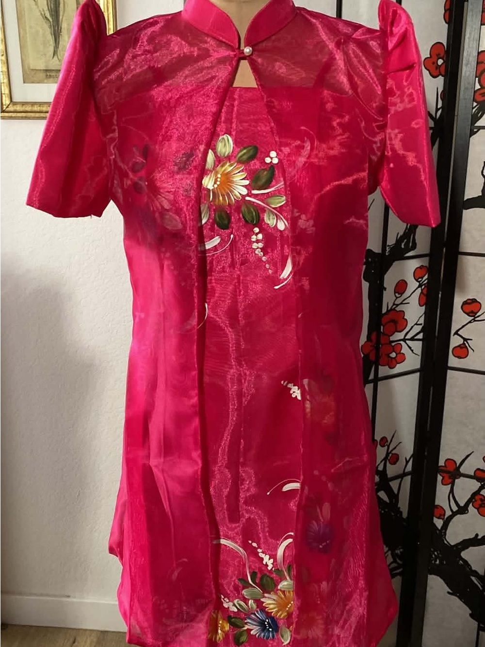 Women’s Filipiniana Organza Pink Embroided Floral Set of Dress & Long Bolero